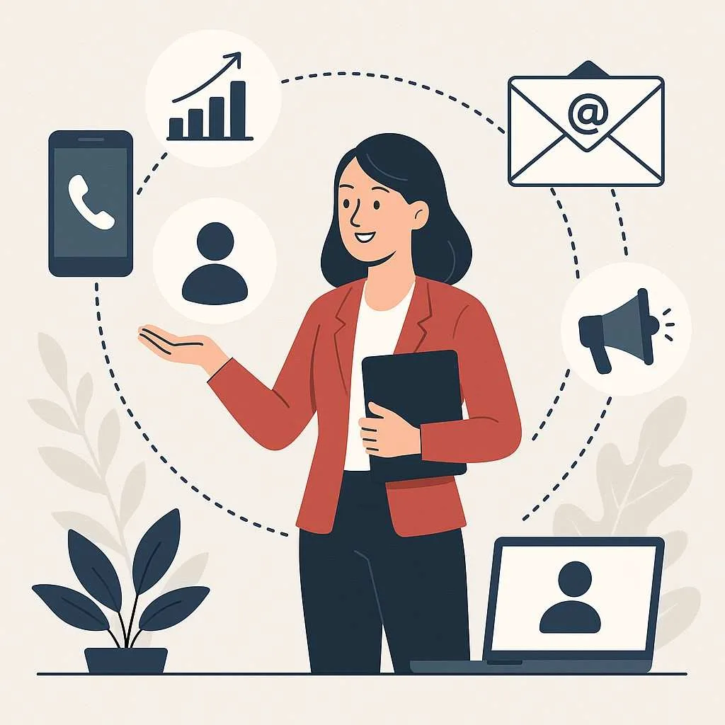 “Illustration of business professionals analyzing data charts, profiles, and communication icons to plan outreach to high-net-worth individuals.”