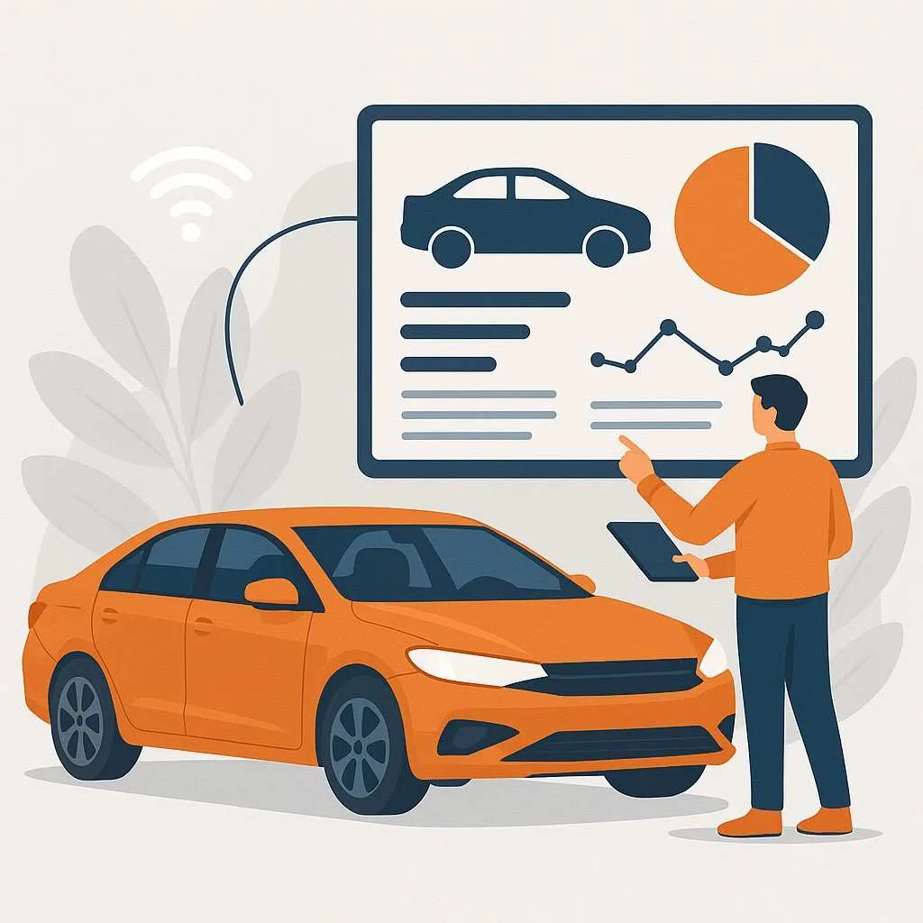 Illustration showing a large database represented by many car icons, with magnifying glass, graphs, and location pins indicating verified car owners across India for targeted marketing.