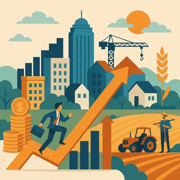 Illustration of India’s Tier-2 and Tier-3 city growth showing business expansion, urban development, and rural transformation with rising opportunities.