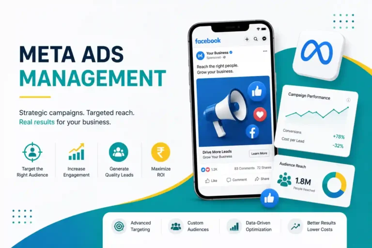 Professional Meta Ads management banner featuring Facebook and Instagram advertising dashboard, audience targeting, campaign analytics, lead generation, and ROI optimization in modern teal, blue, and yellow branding.