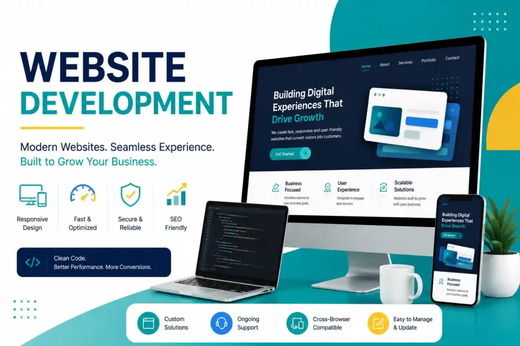 Modern website development banner featuring responsive web design, coding interface, desktop and mobile website mockups, SEO-friendly development, and fast, secure websites in teal, blue, and yellow branding.