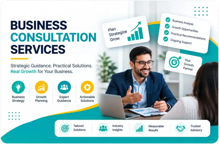 Professional business consultation services banner featuring strategy planning, growth guidance, business advisory solutions, and expert consulting support for business growth.