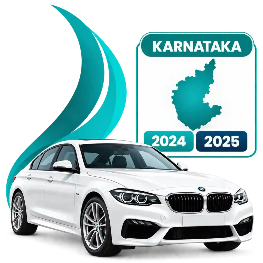 White luxury sedan with a teal Karnataka state map and labels for 2024 and 2025, representing the Karnataka car owners database.